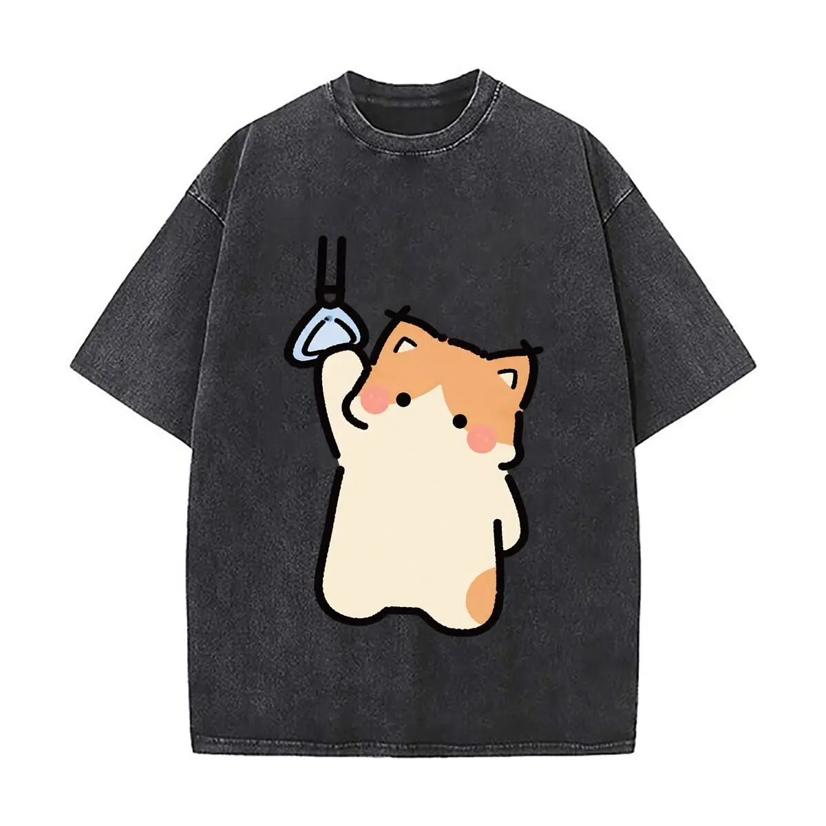 Chibi Orange Cat Holding Blue Object Illustration Vintage Distressed Loose Streetwear Tops