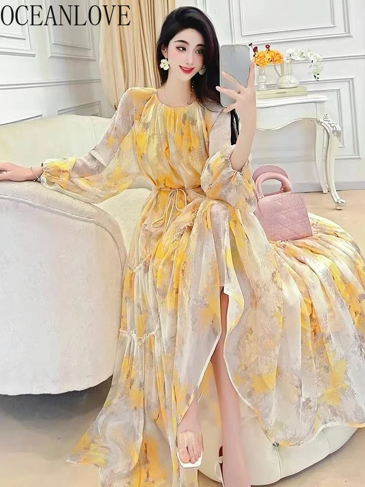 OCEANLOVE Beach Style Vestidos Mujer Spring Summer Print Floral A-line Vintage Women Dresses Korean Fashion Elegant Long Dress