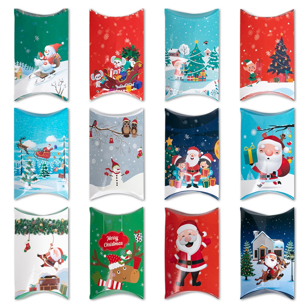 12/24 stücke Weihnachts kissen form behandeln Süßigkeiten boxen Weihnachts abend Keks Geschenk verpackungs box 2024 Frohe Weihnachten Neujahr Geschenk Dekor