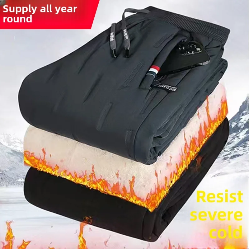 السراويل السوداء الرجال الشتاء السراويل الدافئة لامب المخملية مستقيم كبير الحجم الرجال بناطيل كاجوال زائد المخملية سمكا فضفاض رجل #1