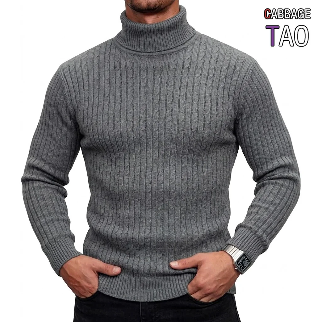 Mens Turtleneck Knit Jumper Daily Textured Knit Pullover High Collar Long Sleeve Winter Cozy Sweaters for Guys Tailored Fit Tees