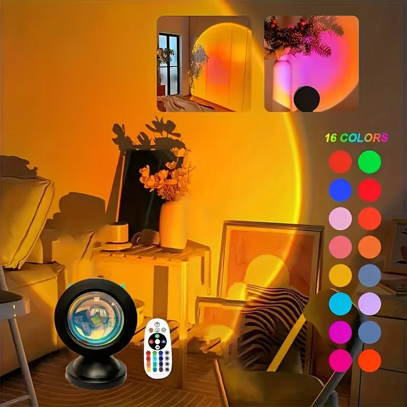 Luz de Projeção do Pôr do Sol com Controle Remoto, Luz Noturna LED com 16 Cores para Fotografia no Quarto
