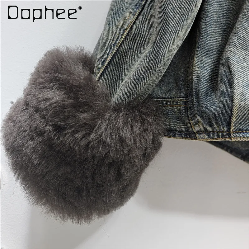 Europäischen Stil Mode Pelz einteiliges Patchwork Denim Parka Frauen High-End-Vintage Plüsch Lange Ärmeln Verdickt Faux Pelz mantel