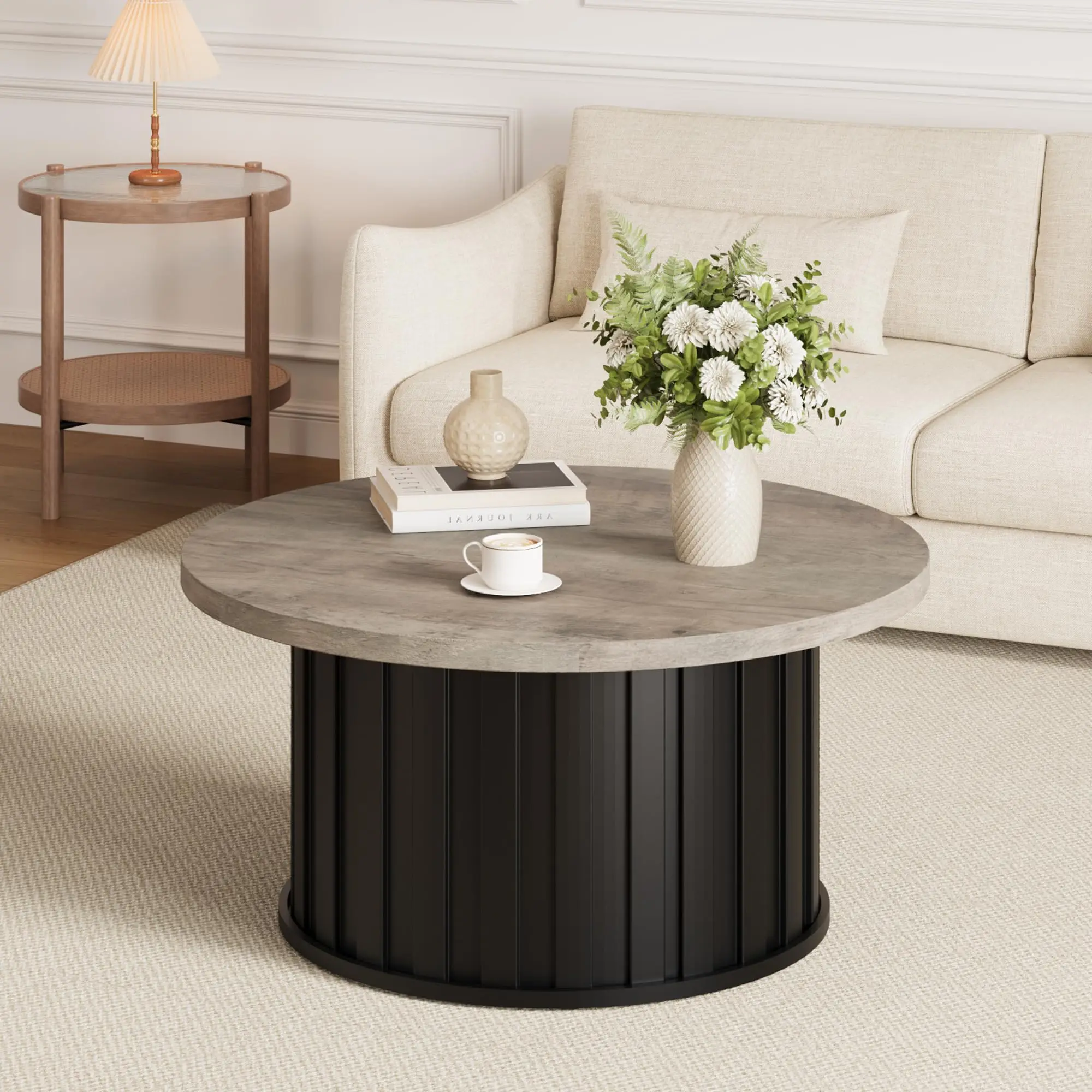 

Round Coffee Table 32 Inch Mid-Century Style With Fluted Black Metal Base And Grey Wood Top For Living Room Small Space