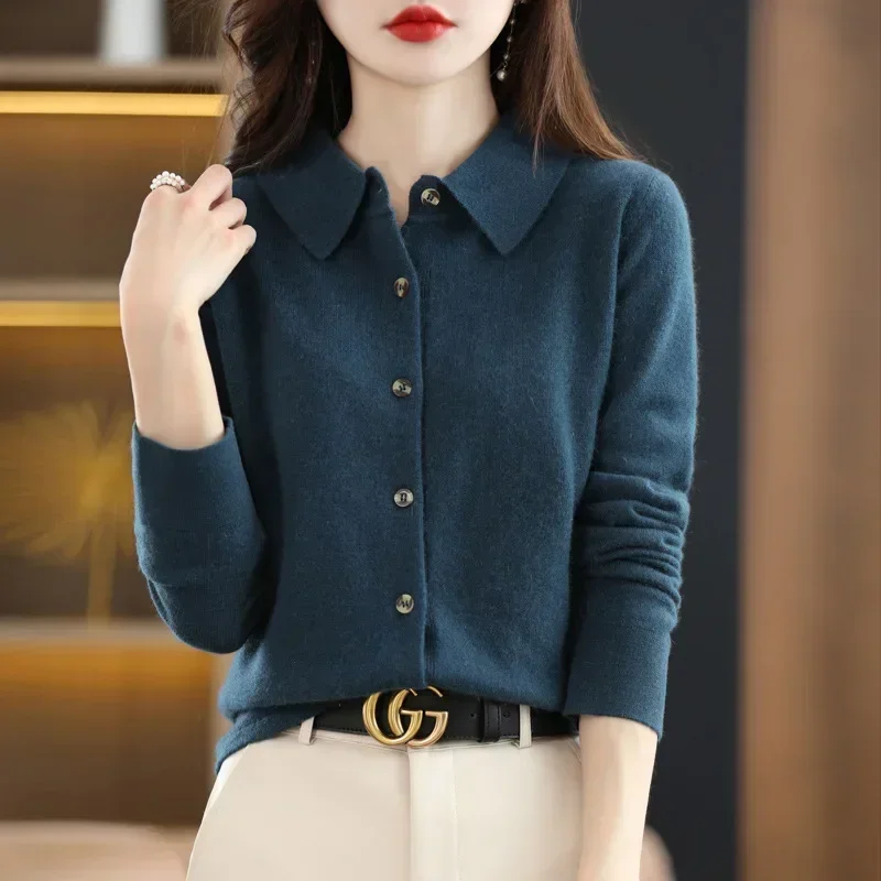 Spring and Autumn POLO Collar Sweater Knitted Shirt with Loose Long-Sleeved Non-Cashmere Cardigan Temperament Lapel Jacket