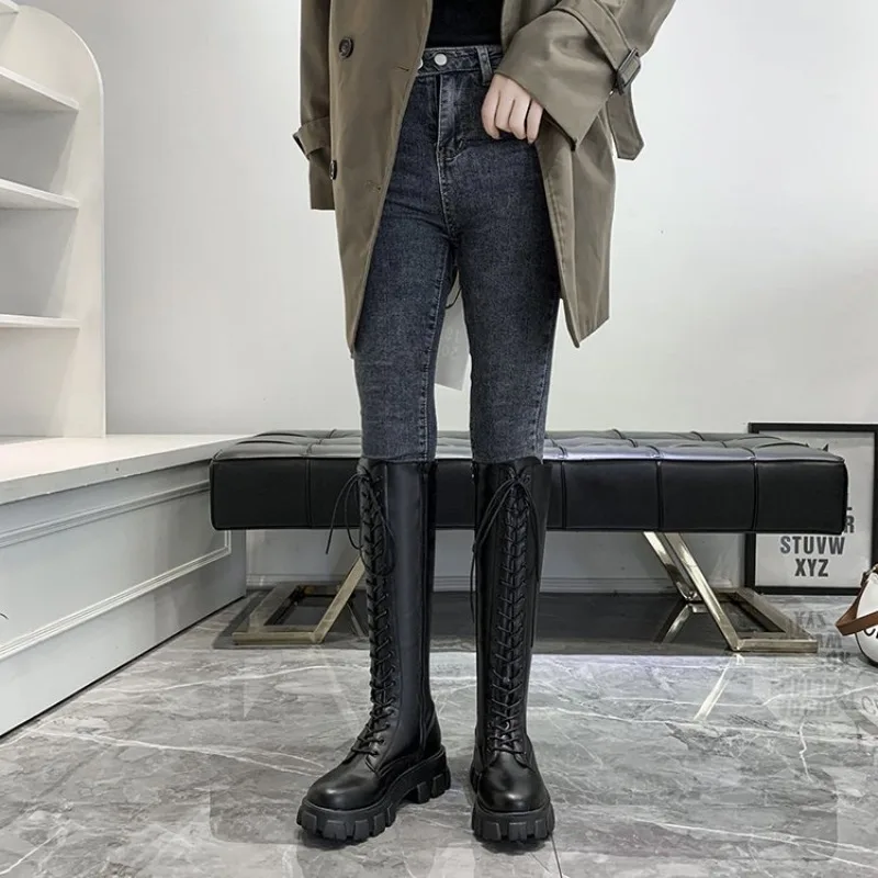 Women Knee High Boots Lace Up Combat Booties Platform Lug Sole Round Toe Side Zipper Tall Winter Streetwear Footwear Black White view 3