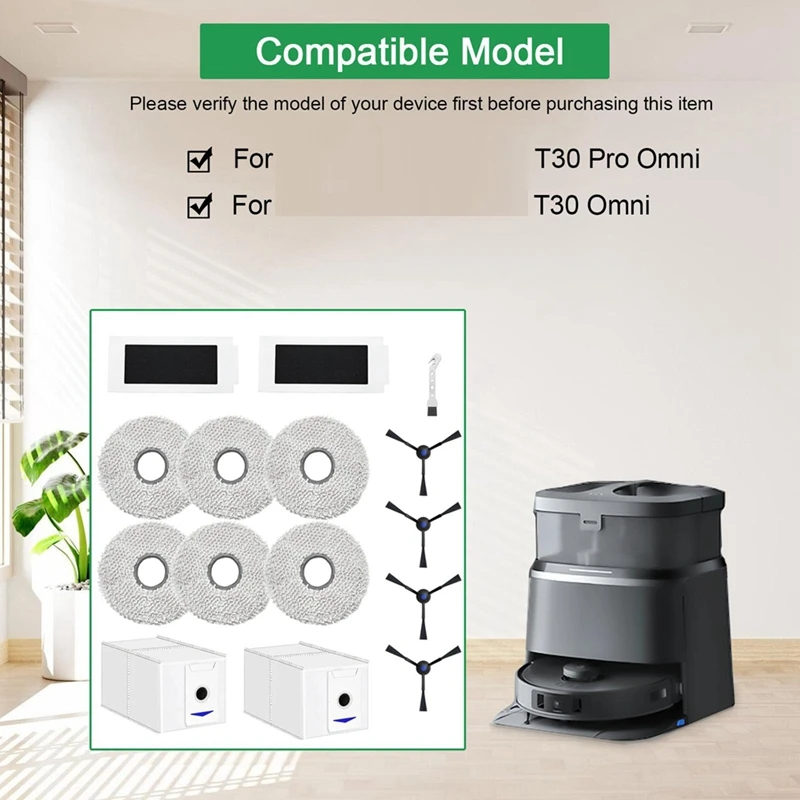 Substituição Parte Acessório Set para ECOVACS DEEBOT T30 Pro, Robot Aspirador, Toalhetes, Sacos de Pó, Escovas Laterais, Filtros, Filtros