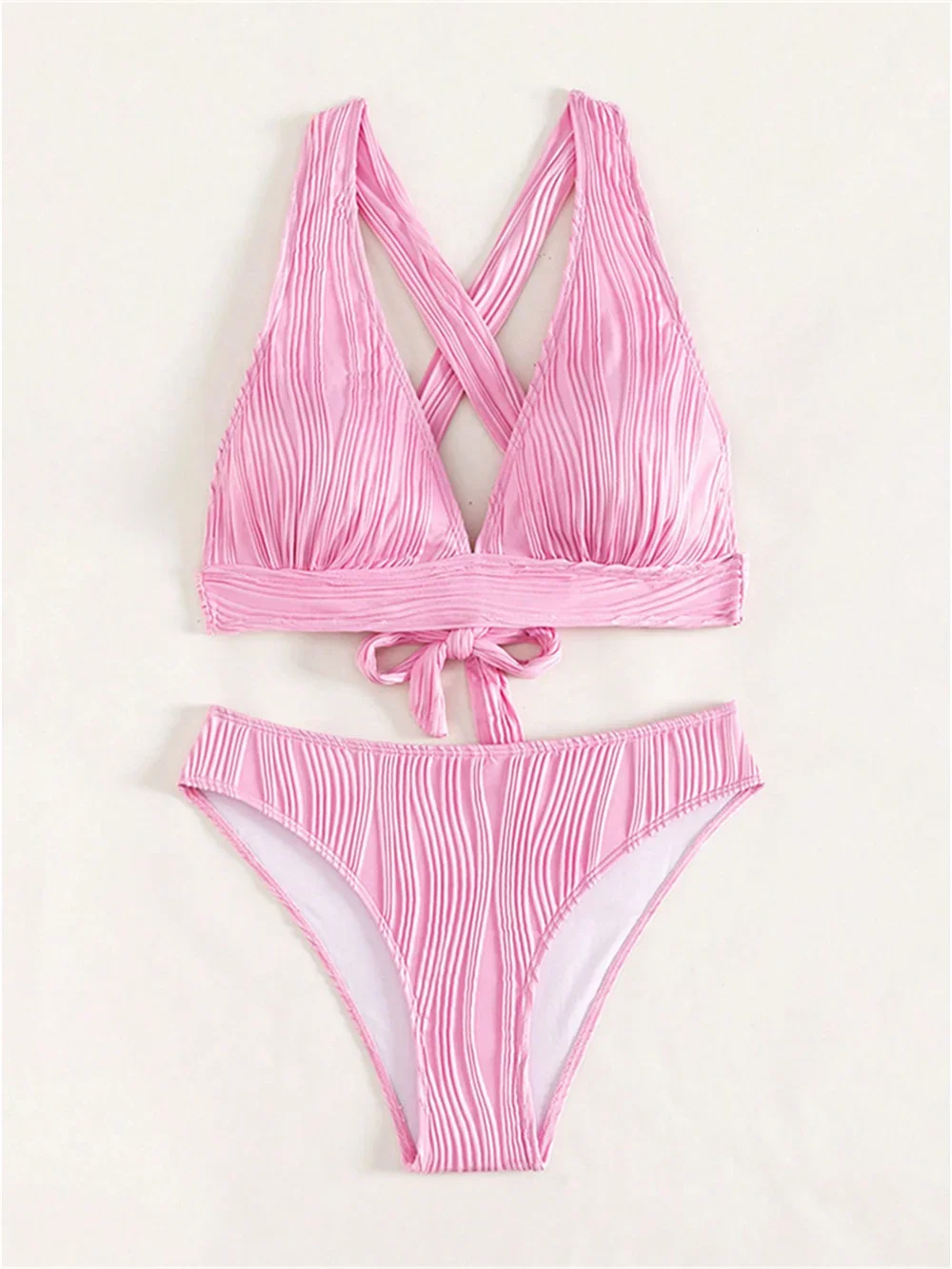 

Sexy Backless Bandage Bikini Pink Y2K Swimsuit Push Up Beach Outfit Bathing Suit Women Bikinis Vacation Swimwear Ribbed Biquinis