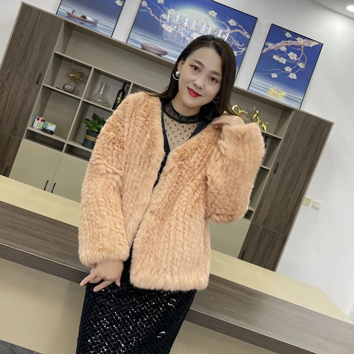 

Hot selling fashion new double-sided braided rabbit fur coat women loose version V-neck young style autumn winter rabbit fur