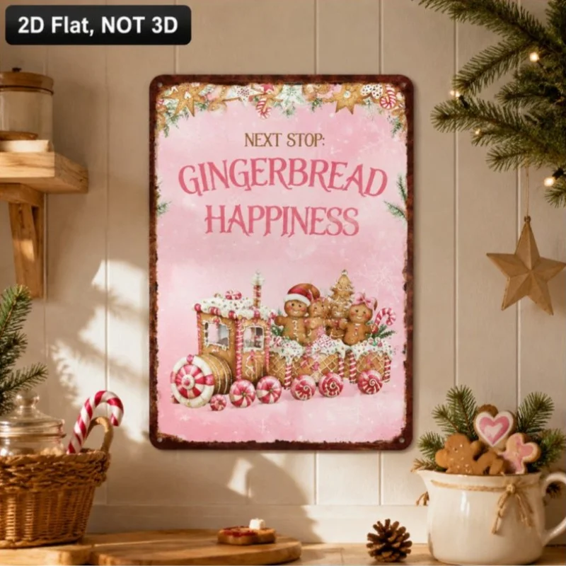 2D Flat Printing, Metal Sign Pink Christmas Gingerbread Train Wall Tin Sign for Kitchen Home Holiday Decor Suitable for Front Do