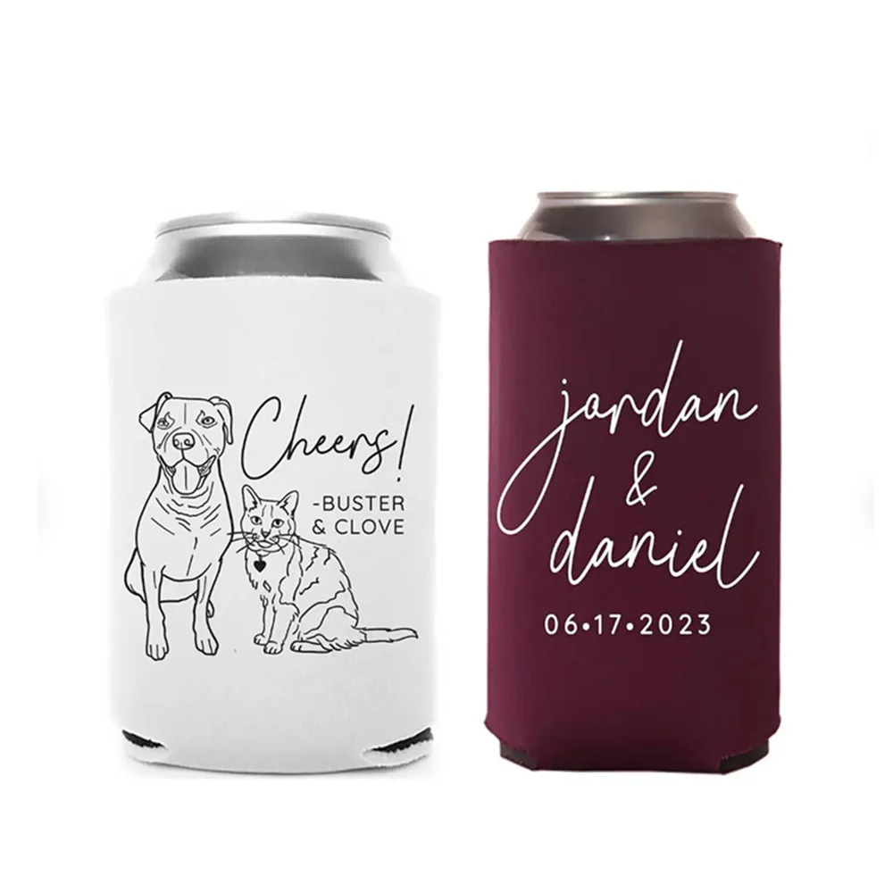 

Regular & Slim Can Cooler Wedding Package-Custom Pet Illustration - Cheers - Wedding Favor Package, Wedding Favors, Can Holder