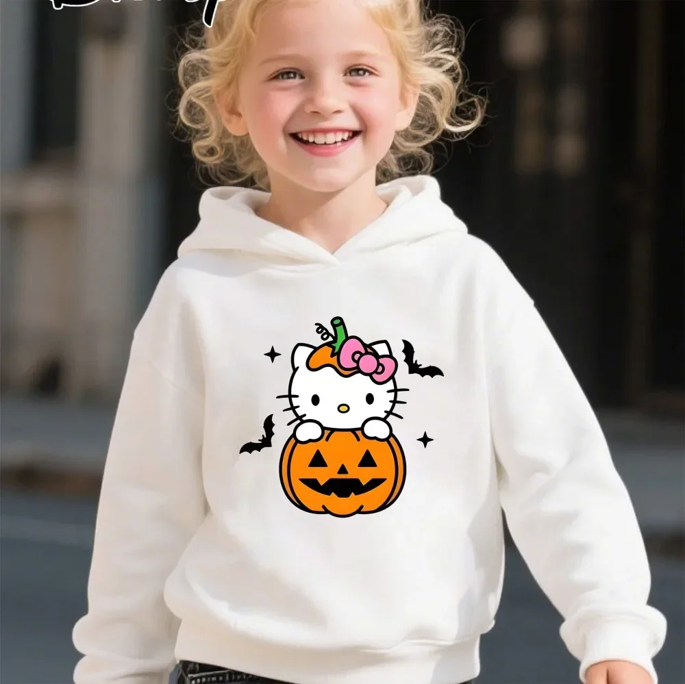 

Children's Halloween Hoodie Hello Kitty Print Pumpkin Bat Solid Color Sweatshirt Suitable for Girls Boys Kids Casual Pullover