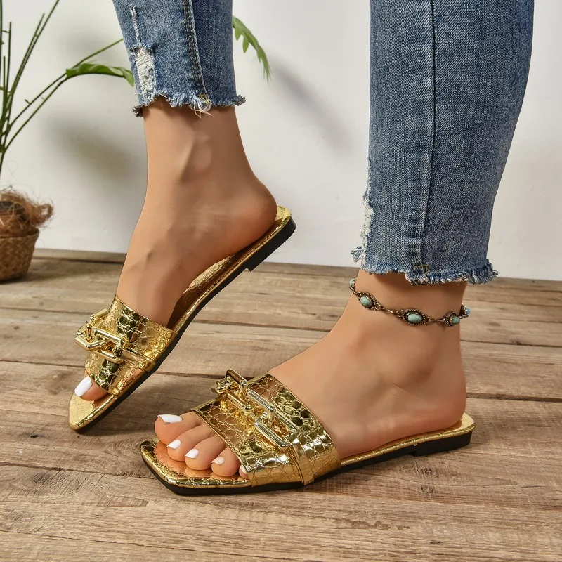 

Plus Size Slippers Summer New Square Toe Open Toe Metal Chain Soft Sole Non-slip Wear-resistant Flats