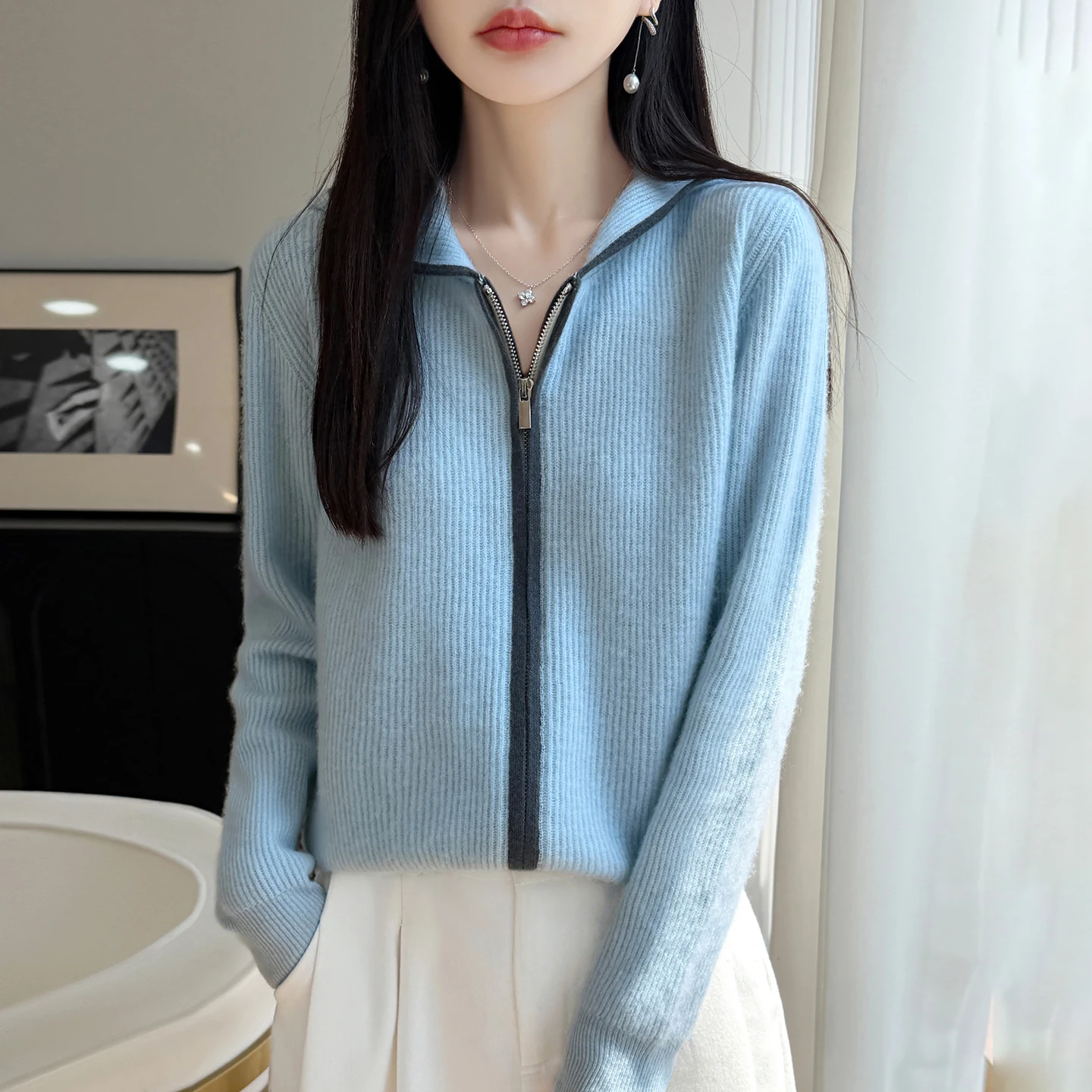 Autumn and winter hooded zipper 100% pure wool knitted cardigan women's 2026 new long-sleeved sweater jacket