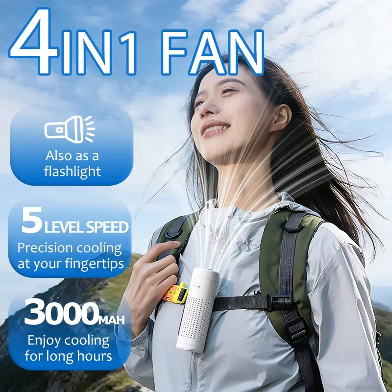 5-in-1 tragbarer Ventilator, 5 Geschwindigkeitsstufen, LED-Anzeige, USB-Ventilator mit Eiskühlung, Taschenlampe, 3000 mAh wiederaufladbar, Schreibtischventilator |   Freihändiger Nackenventilator