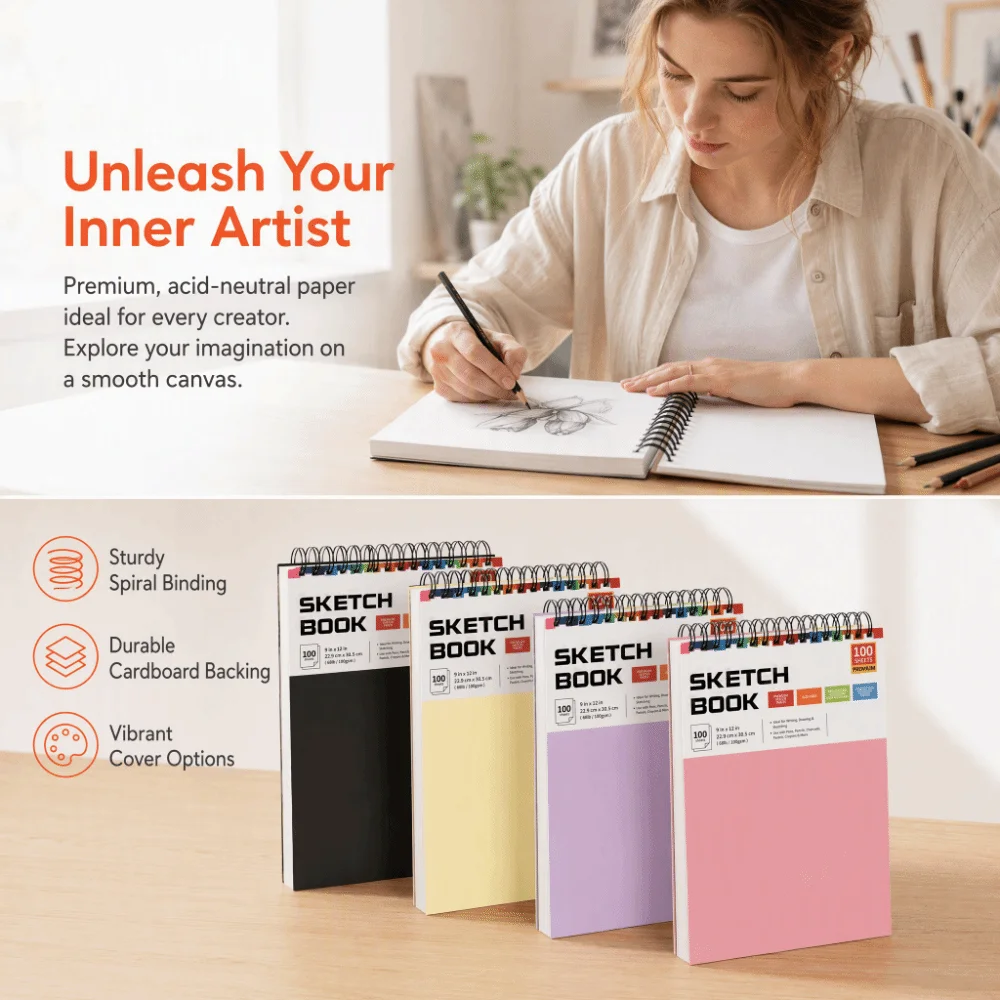 New Top Spiral Binding A4 Sketchbook 100gsm Hardcover Sketch Pad Blank Paper 100 Sheets Drawing Pad Sketch