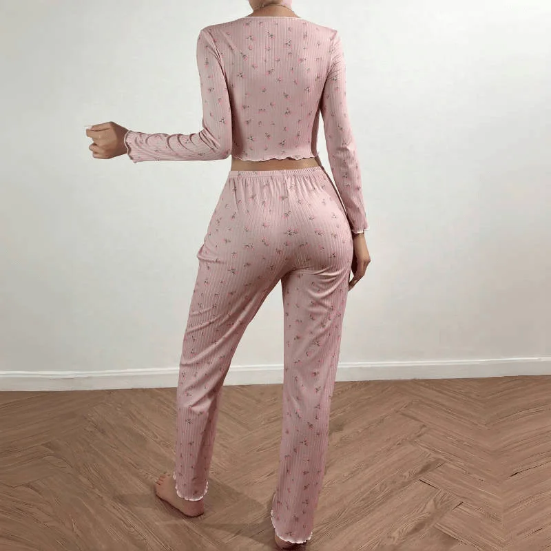 Casa pijamas conjunto de duas peças novo outono 2024 roupas casuais calças impressas manga longa topos e calças terno para feminino streetwear