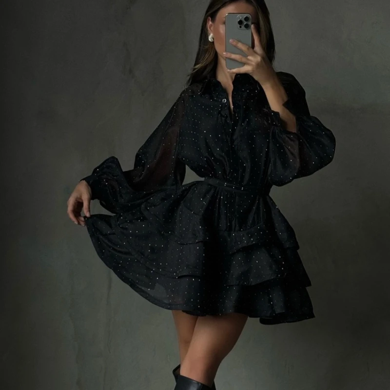 

Casual Fashion Black Diamond-encrusted A-word Dress Women's Clothing 2025 Autumn New Lapel Long-sleeved High-waisted Tutu Skirt