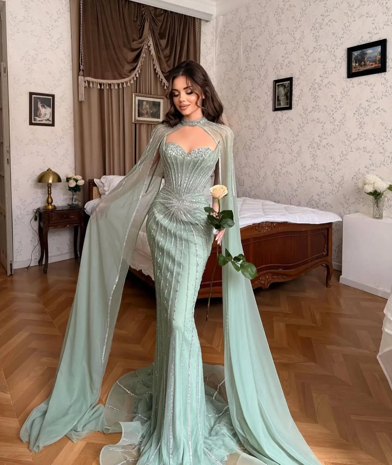 Aenyrst Luxury Crystal Sage Green Long Evening Dress with Cape Sleeves for Women Elegant Pink Wedding Party Gown Customizable image 2