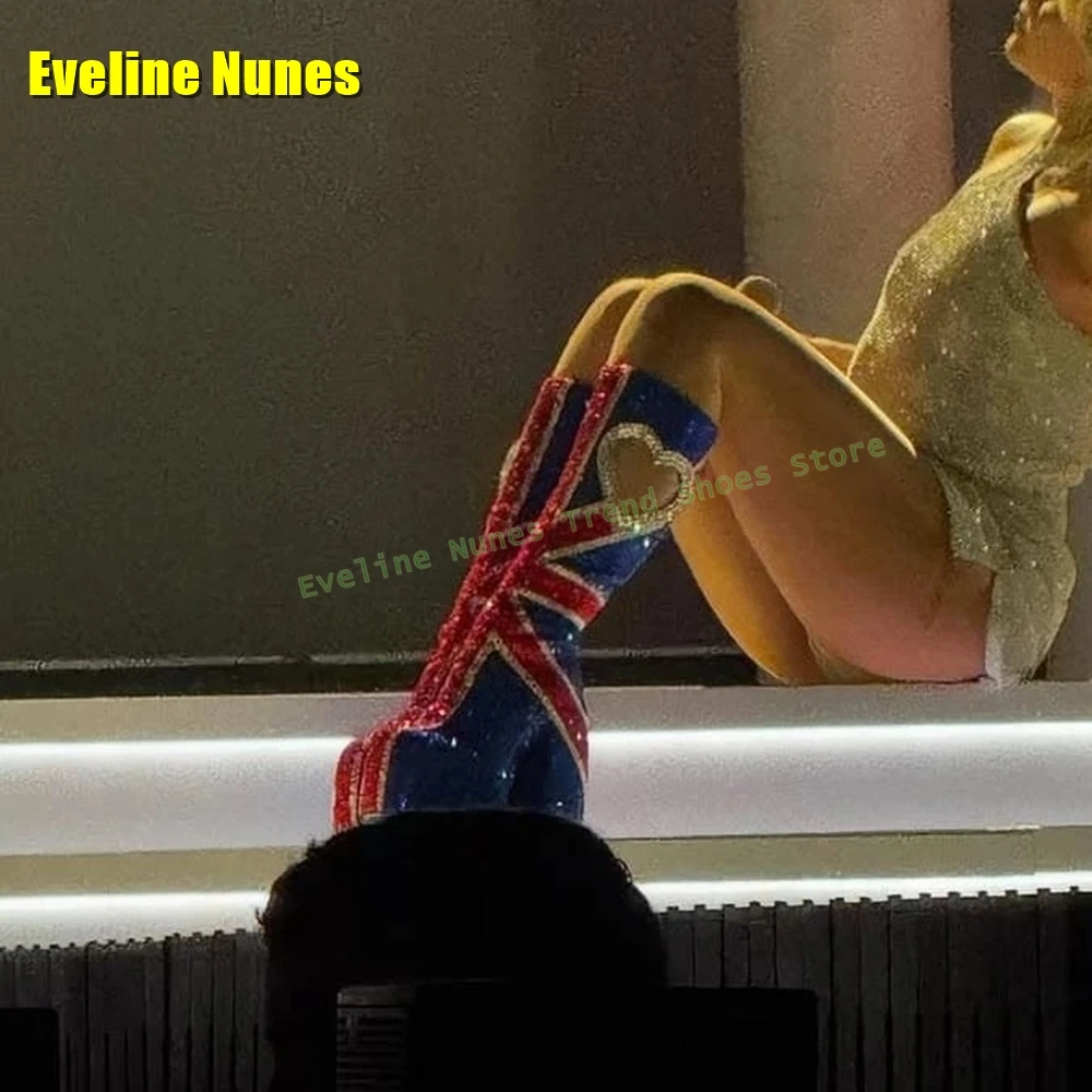 حجر الراين كابوس منصة أحذية الموضة جولة تو سميكة وحيد انتهاء الصلاحية نمط الجوف خارج على شكل قلب حذاء برقبة للركبة 2025 #5