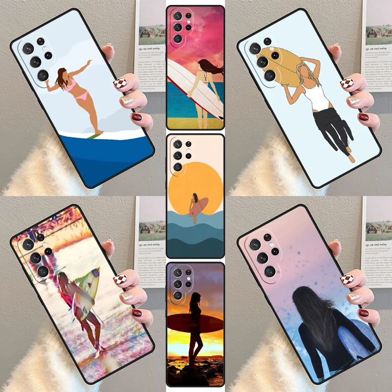 surfboard surfing art surf Girl Phone Case For Samsung Galaxy S23 S21 S20 FE S24 S22 Ultra Note20 S10 S9 S8 Plus Silicone Cover