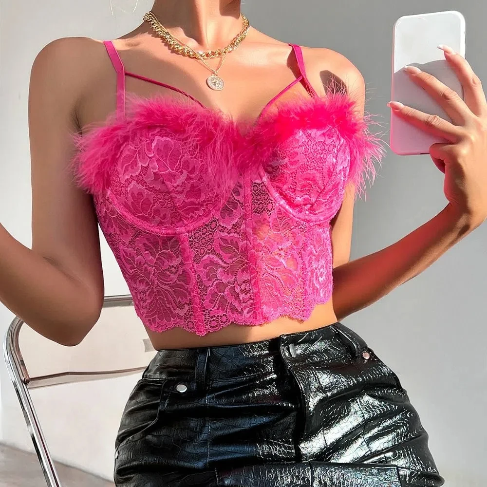 Canotta in pizzo elastico con nappe in peluche, top corto trasparente in rete, gilet con bretelle senza maniche slim fit da donna