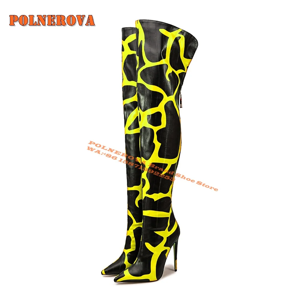 

Zebra Stripes Splicing Sexy Over The Knee Boots Pointed Toe Thin Heels Large Size Back Zip Women Long Boots 2024 Autumn Trend