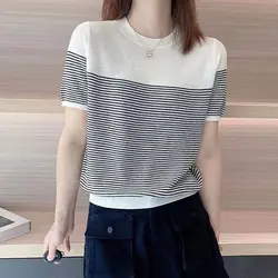 Korean Striped Knitted Pullovers Female Clothing Spliced Short Sleeve Summer Commute Casual Round Neck All-match Loose T-shirt