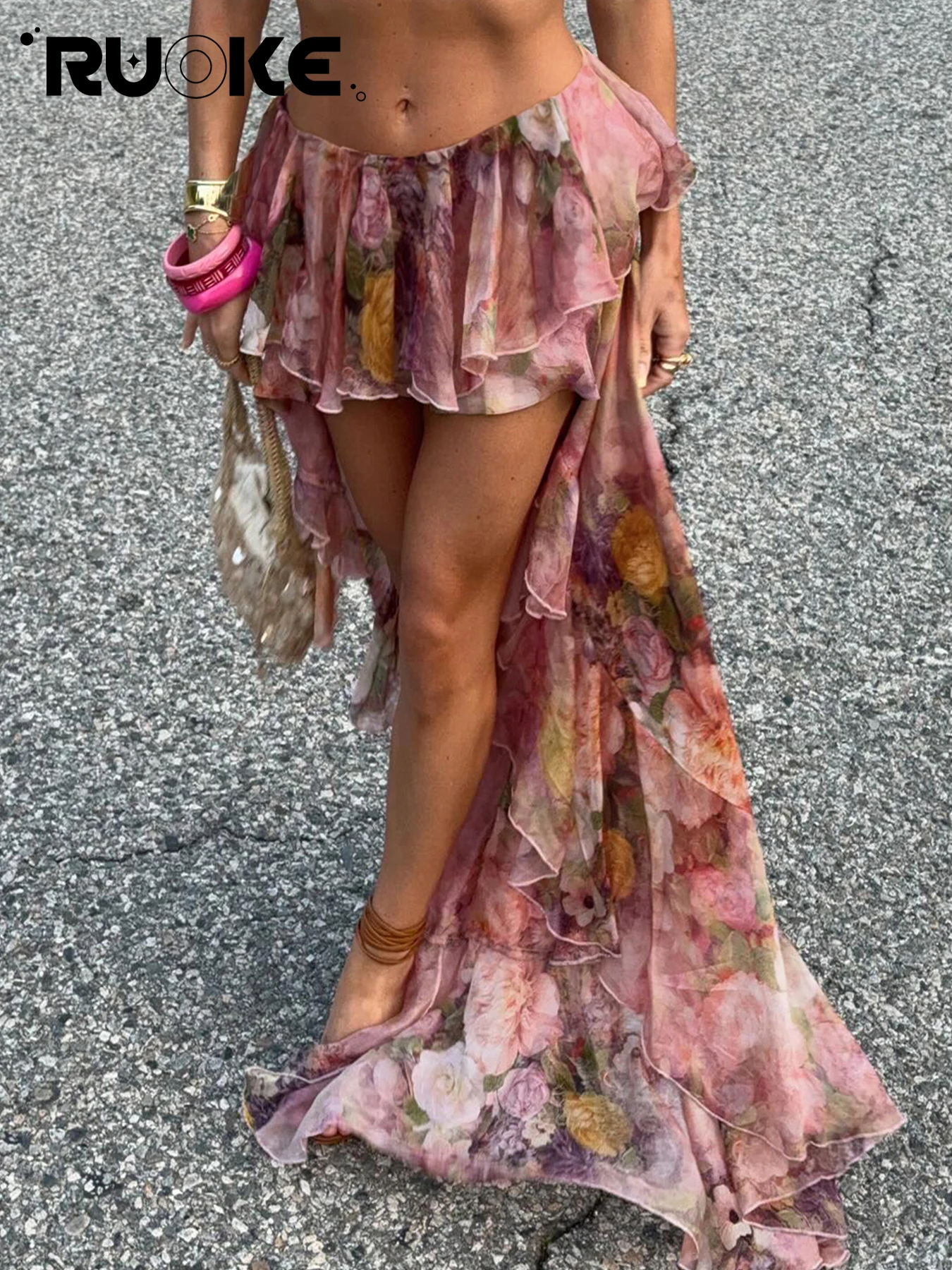 

RUOKE Vacation Ruffles Skirts Fashion Floral Printed Vintage Elegant Women Skirts Designed Semi-perspective Sexy Holiday Bottoms