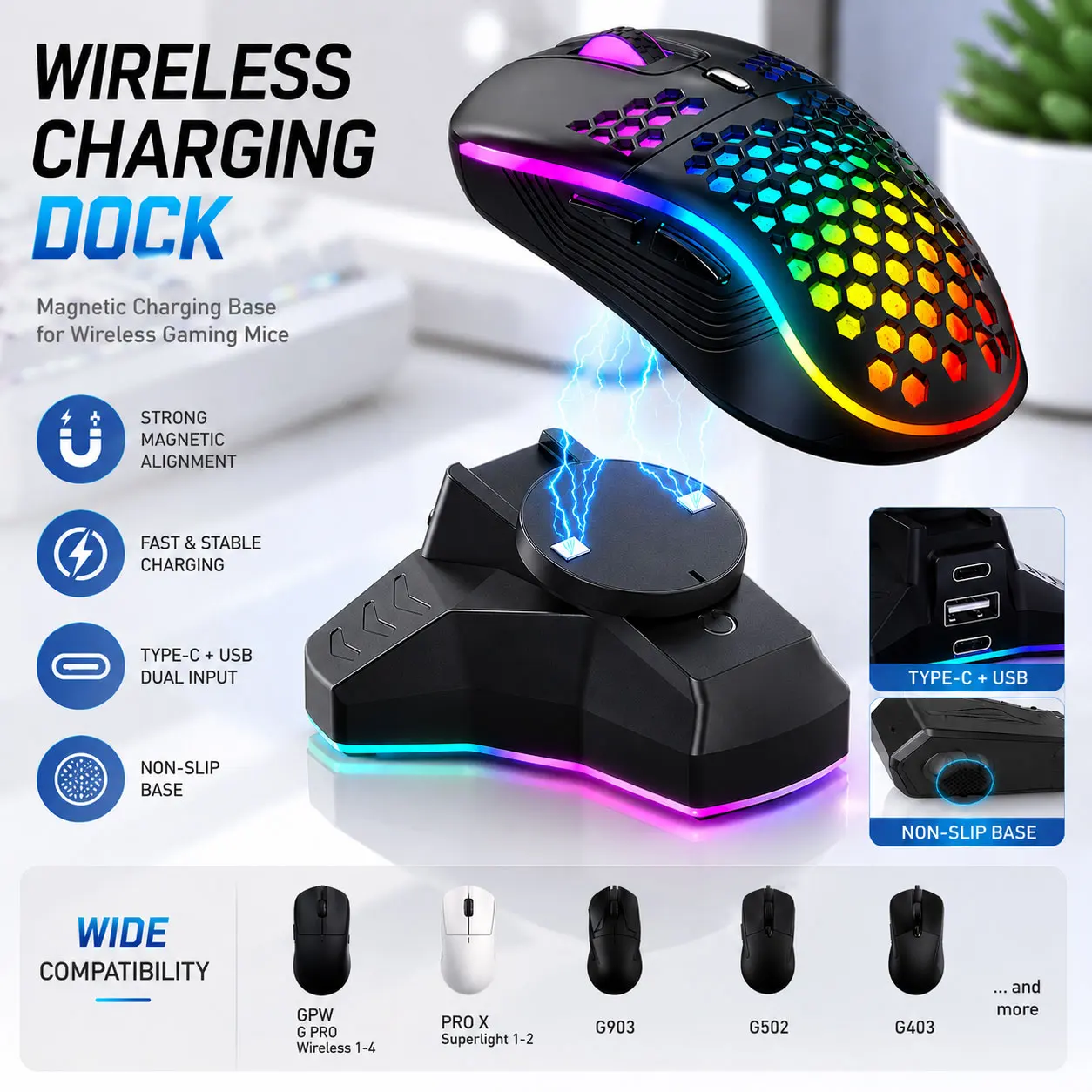 Wireless Mouse Charger Charging Dock for Logitech GPW G Pro Wireless 1-4/PROX Superlight 1-2/G903/G403 Mouse Accessories