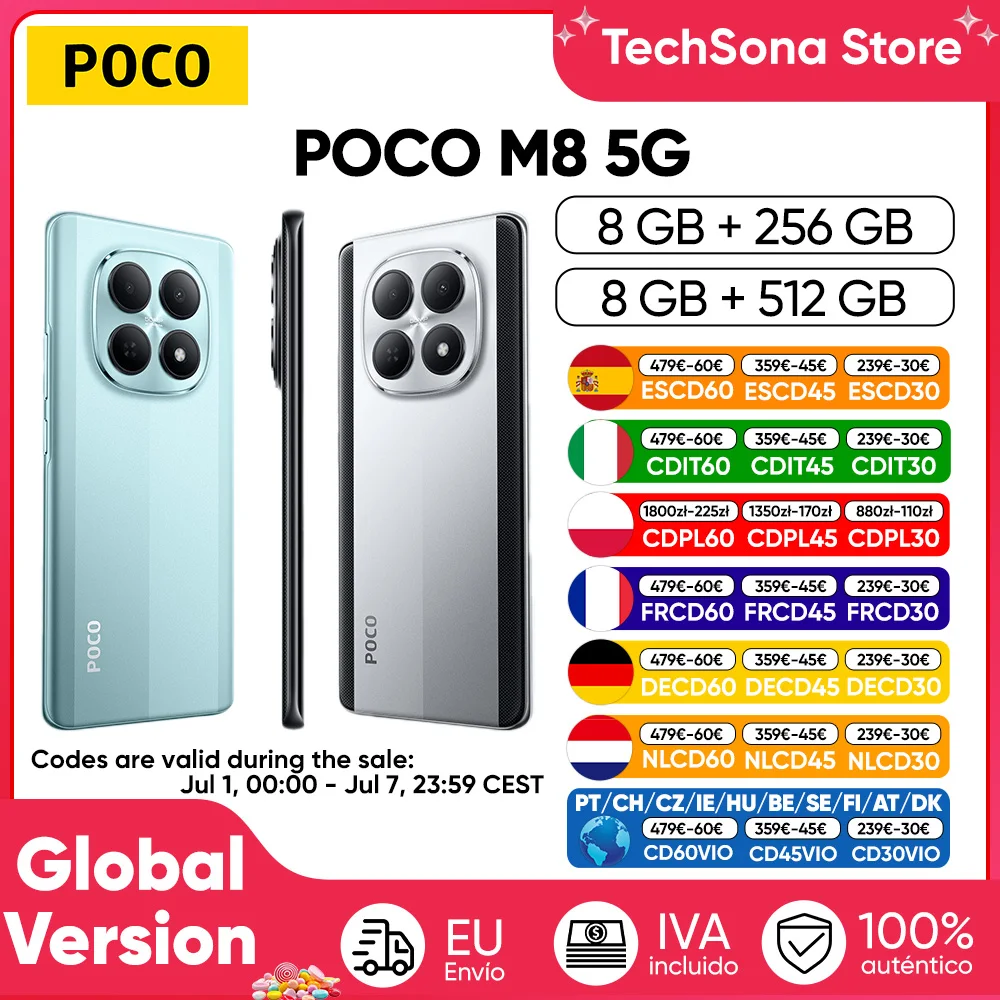 Teléfono Inteligente POCO M8 5G Versión Global Snapdragon ® Plataforma 6 Gen 3, Pantalla AMOLED Fluida de 6.77'', Cámara Principal de 50MP, Batería de 5520mAh, NFC