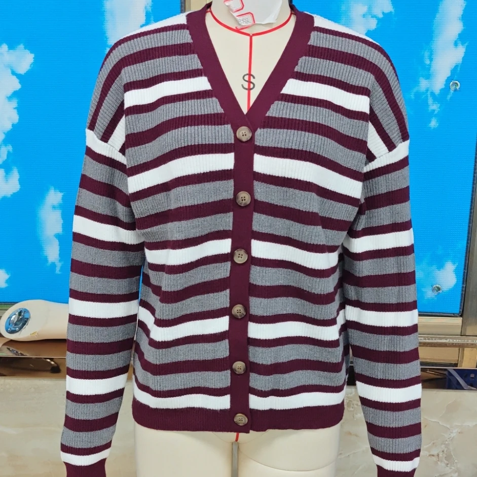 

Винтажный женский лоскутный вязаный кардиган с длинным рукавом и v-образным вырезом на пуговицах, осенняя повседневная куртка, полосатый свитер