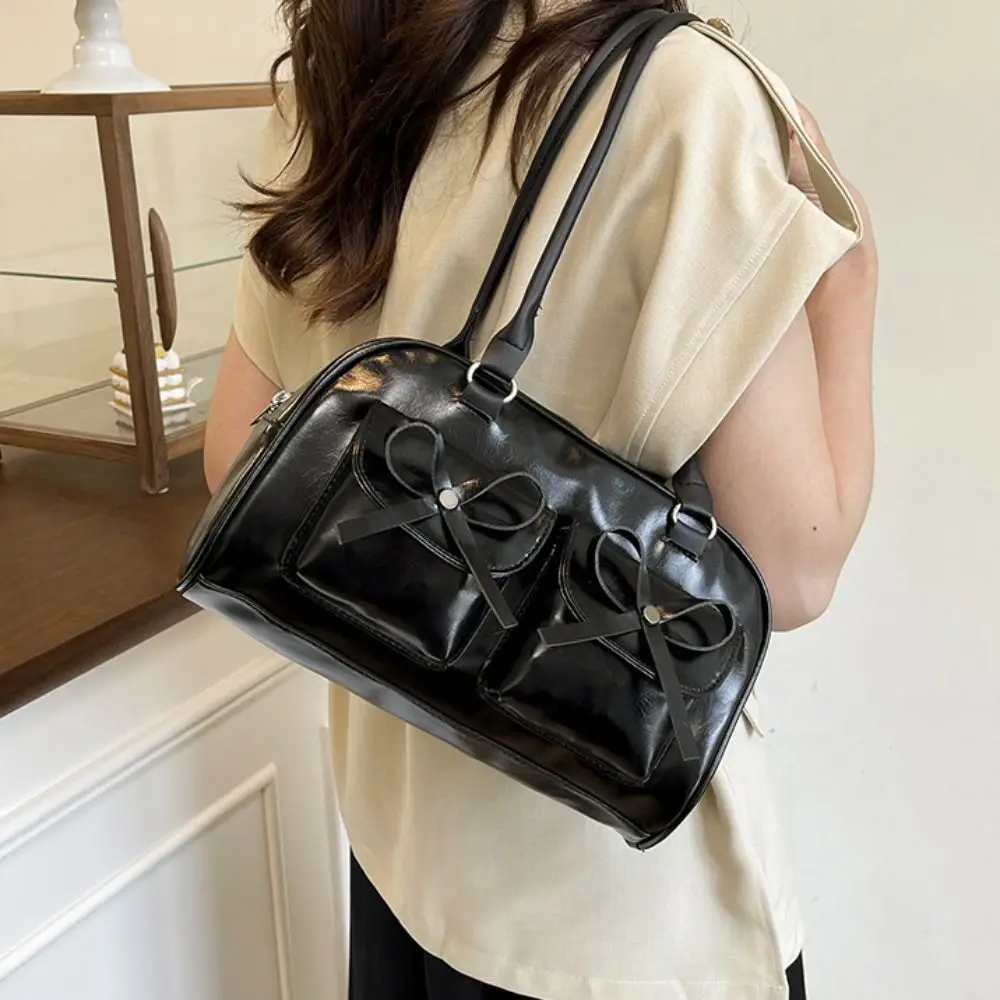 

Trendy French Style Bow Ribbons Bowling Bag Elegant PU Leather Boston Shoulder Bag Large Capacity Casual Women Handbags Girls