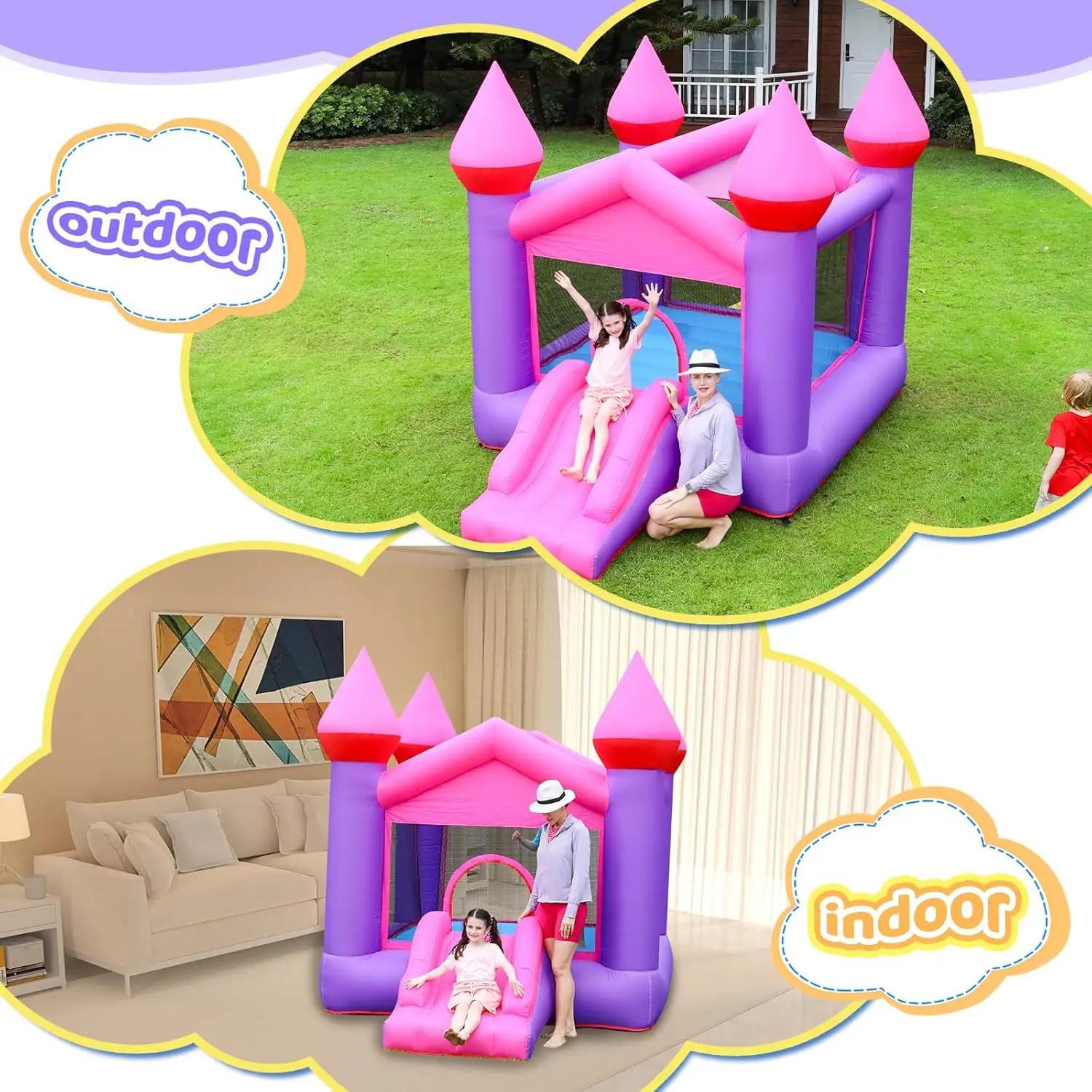 Hüpfburg, aufblasbares rosa Hüpfhaus für Kinder von 3–6 Jahren, Hüpfburg mit Rutsche für große Kinder, aufblasbare Hüpfburg, Hüpfburg
