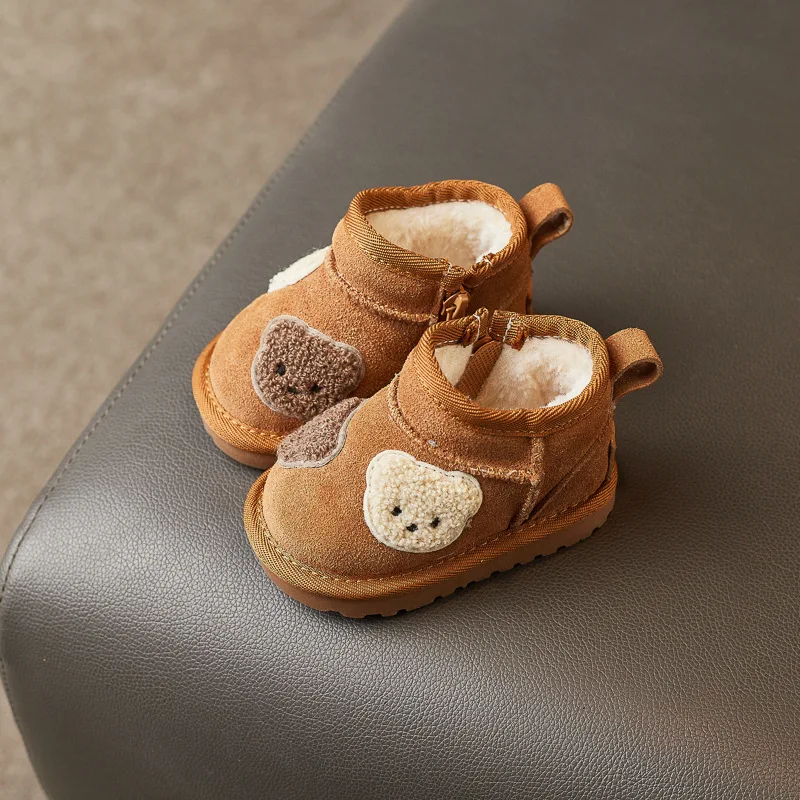 Toddler Kids Bear Patch Winter Ankle Boots Thick Fleece Lined Warm Side Zip Non‑slip Soft Sole Boots For Cold Daily Wear