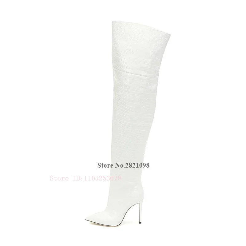 

Thin Heeled White Leather High Heel Crocodile Pattern Sexy Boots Coffee Over The Knee Length Boots Women High Heel Long Boot