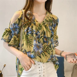 Women Printed Off Shoulder V-Neck Chiffon Loose Blouse Vintage Sweet Pagoda Sleeve Tops