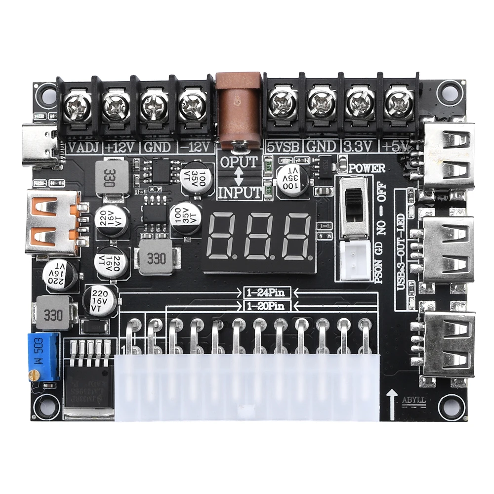 20/24 Pins ATX Power Supply Breakout Board 5V/2A USB Charging Desktop Chassis Power Supply Adapter Board Support 3.3V/5V/12V