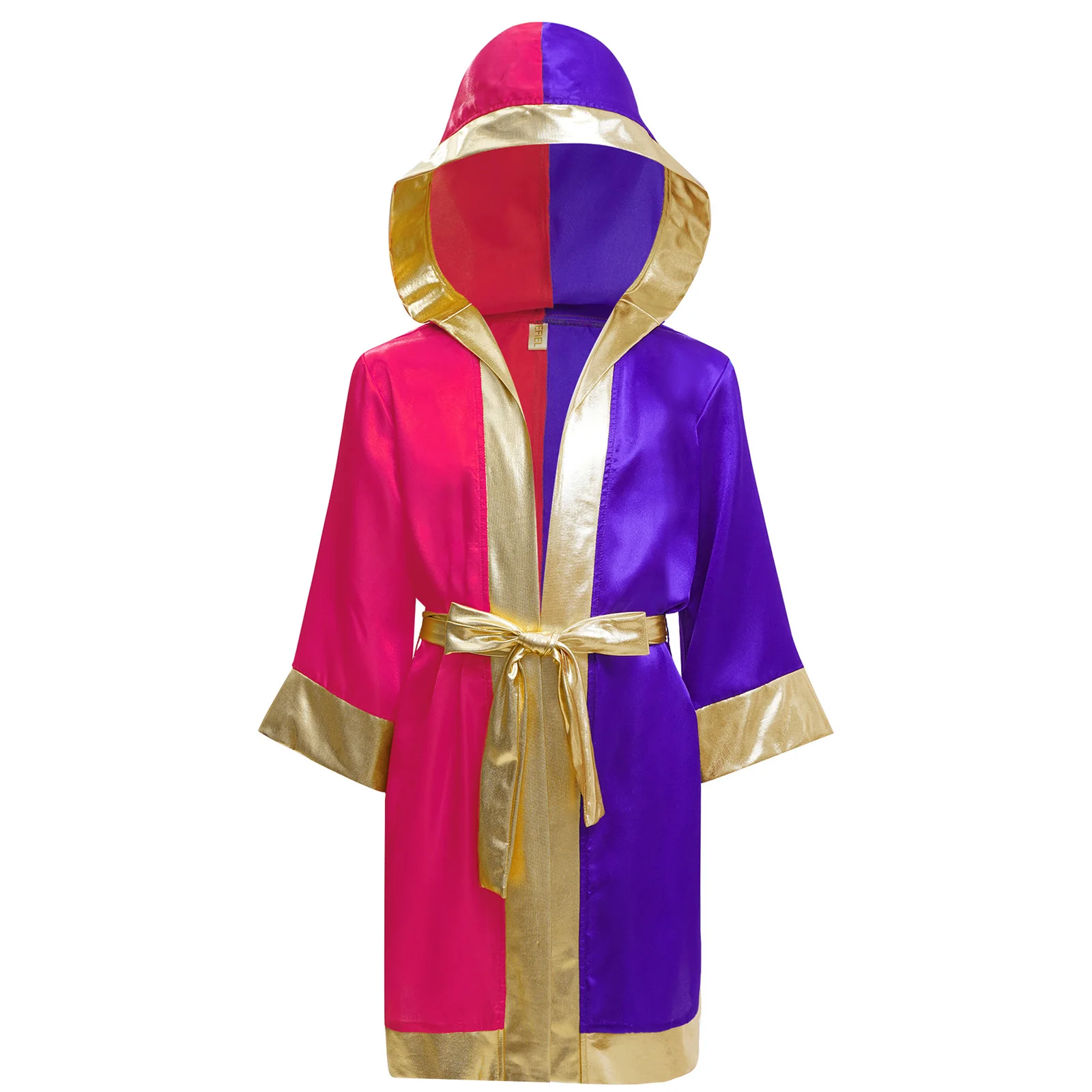 

Boys Halloween Carnival Boxer Cosplay Costume Long Sleeve Color Block Hooded Robe Cloak with Metallic Belt for Boxing Match