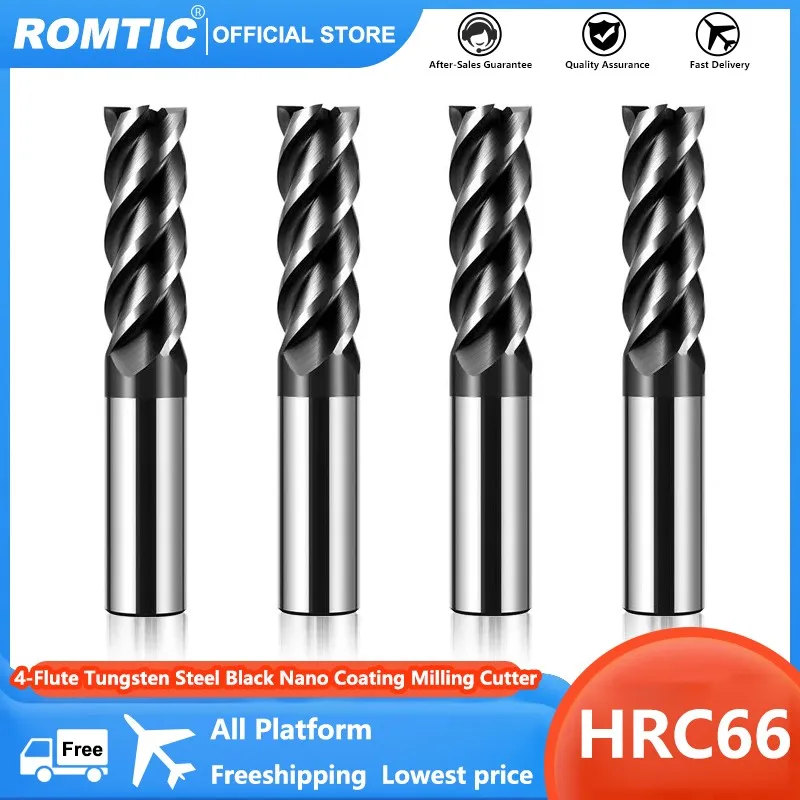 ROMTIC HRC66 Black Nano Coating Tungsten Steel Carbide 4-Flute Flat End Mill CNC Mechanical machining Milling Cutter Tools