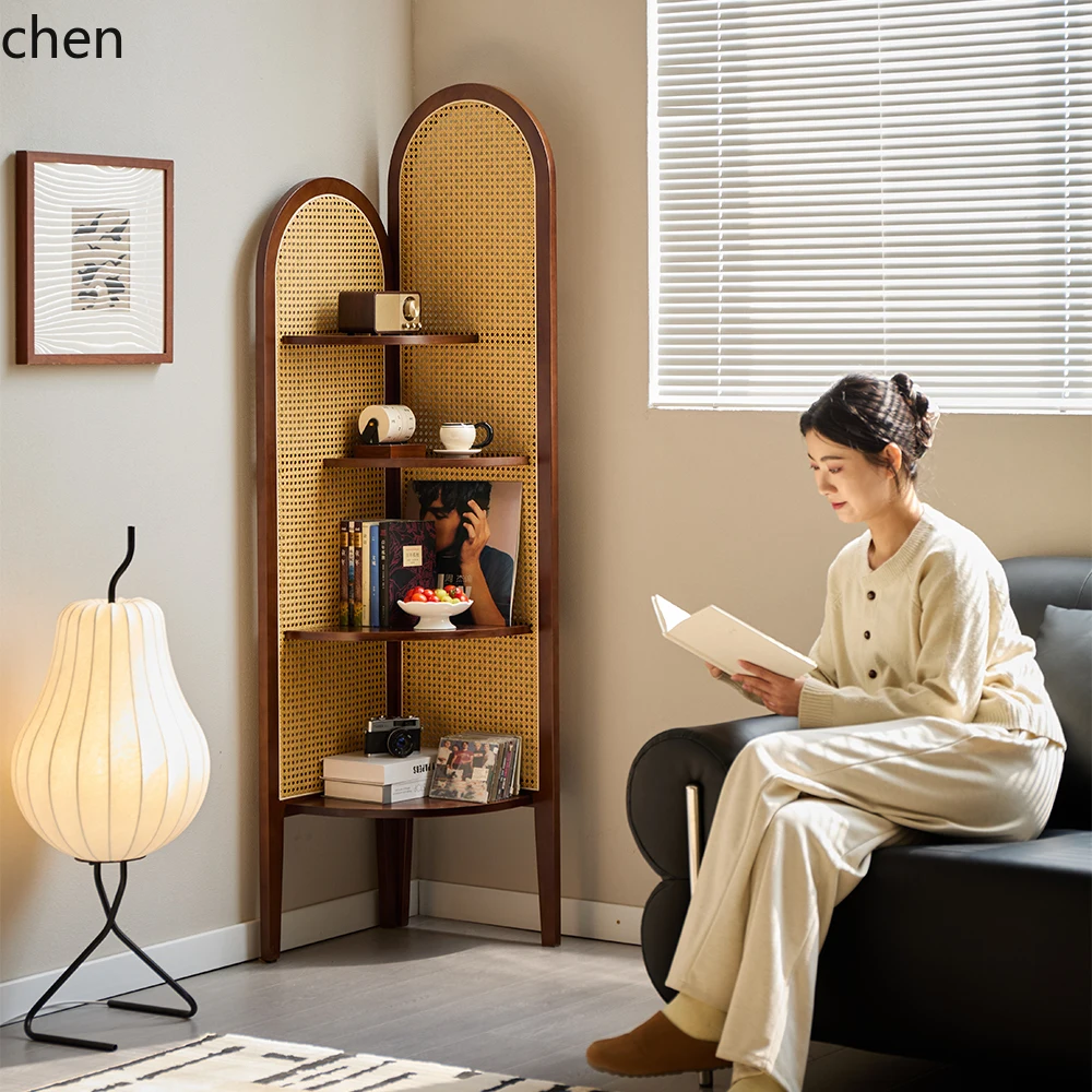 Rattan Corner Bookshelf Vintage Wall-Mounted Triangle Corner Storage Rack Solid Wood Bedside Shelf Corner Cabinet