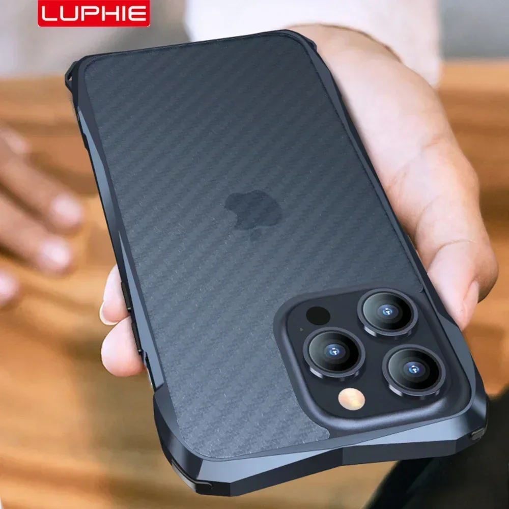 

LUPHIE Lightweight Metal Frame For iphone 15 Pro Max Bumper 14 Plus 13 Anti-Scratch Case + Back Sticker Lanyard Lens Protector