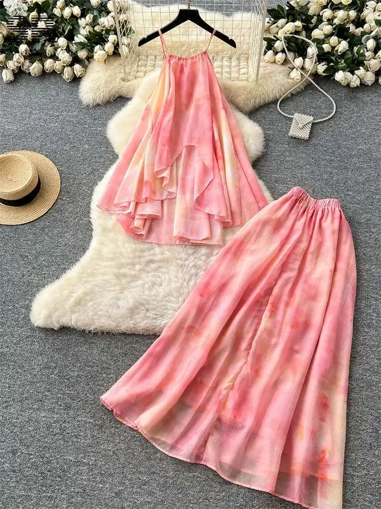 BabYoung Summer Vacation Two Piece Sets 2025 French Style Sexy Halter Camis Elastic Waist Skirt Women Gentle Print Beach Suits