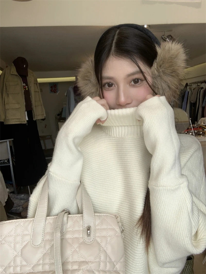 

Свободный вязаный свитер с высоким воротником, женский осенне-зимний вязаный топ с ленивым рукавом для похудения