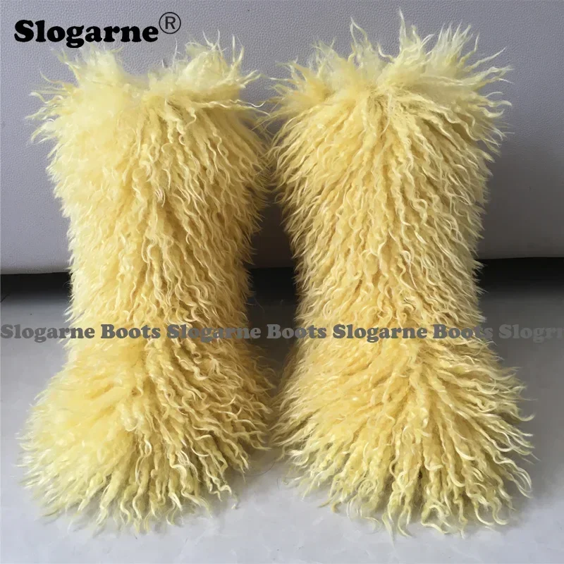 2026 Women Winter Snow Boots Outdoor Faux Wool Boots Luxury Furry Curly Fur Boots Woman Plush Warm 3CM Platform Shoes Large Size