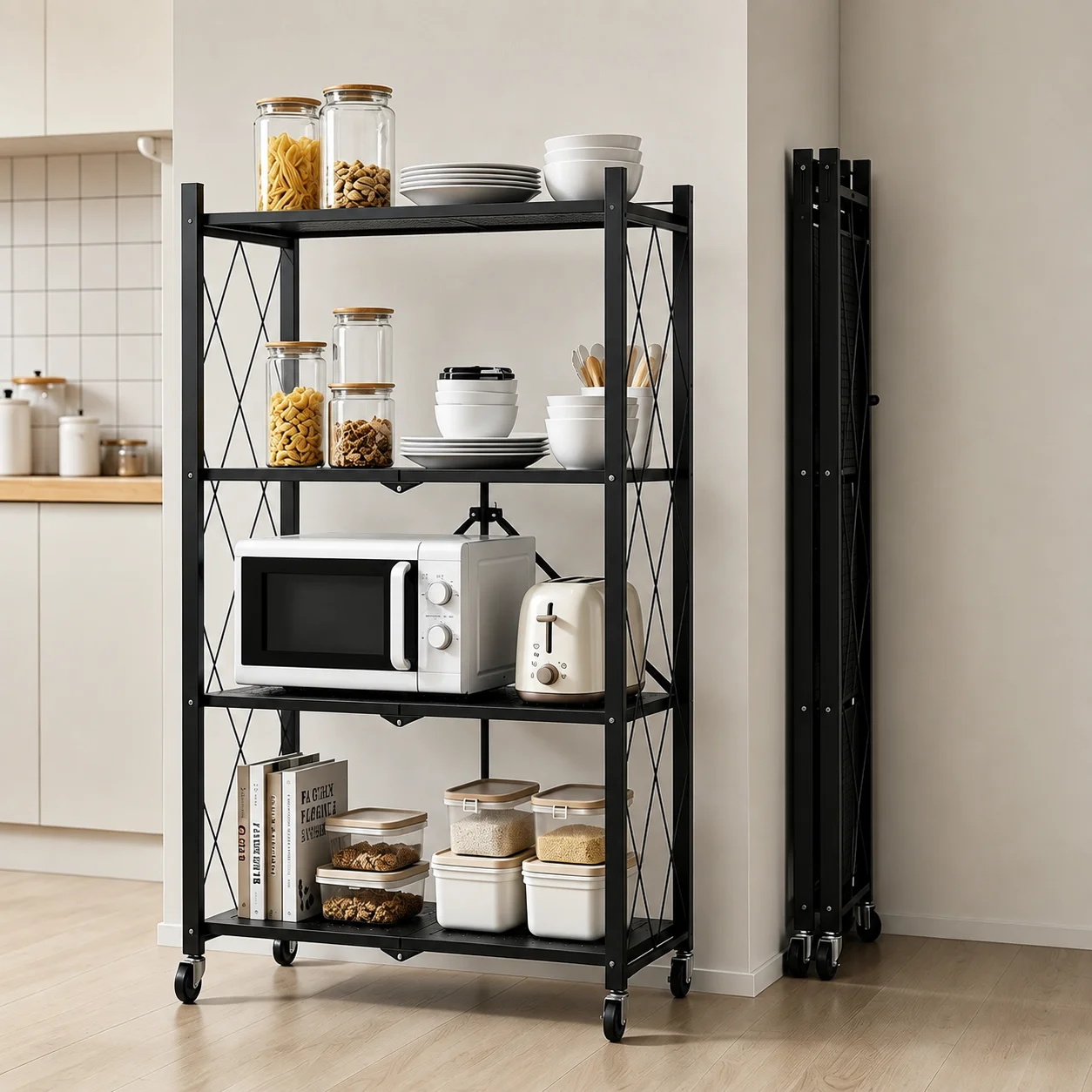 4-stufiges klappbares Metallregal mit Rollen, einziehbare Aufbewahrungsregale, flaches klappbares Metallregal für Küchenlagerung & -organisation, Garagenlagerung, Garagenregale, Schrank-Organizer für