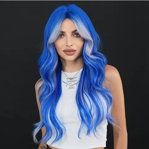 PARK YUN Long Loose Curly Blue Highlight Ash Wigs Middle Part Heat Resistant Synthetic Hair Wigs with Curtain Bangs