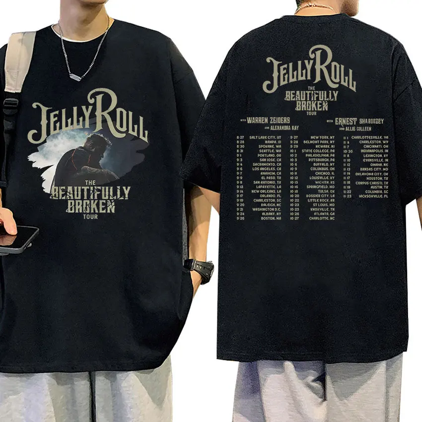 Jelly Roll The splendidamente Broken Tour 2024 stampa magliette uomo Hip Hop Retro Fashion abbigliamento T-shirt 100% cotone T-shirt oversize