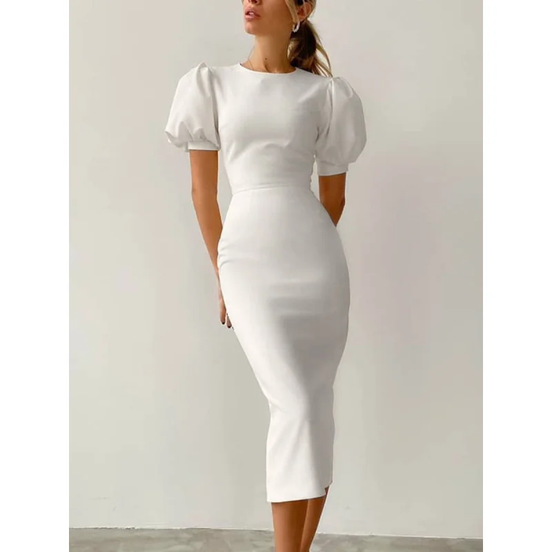 Elegante francês feminino, manga folhada com gola redonda vestido curto branco, saia de cintura, novo, fino, Fengshion, primavera e verão, 2022