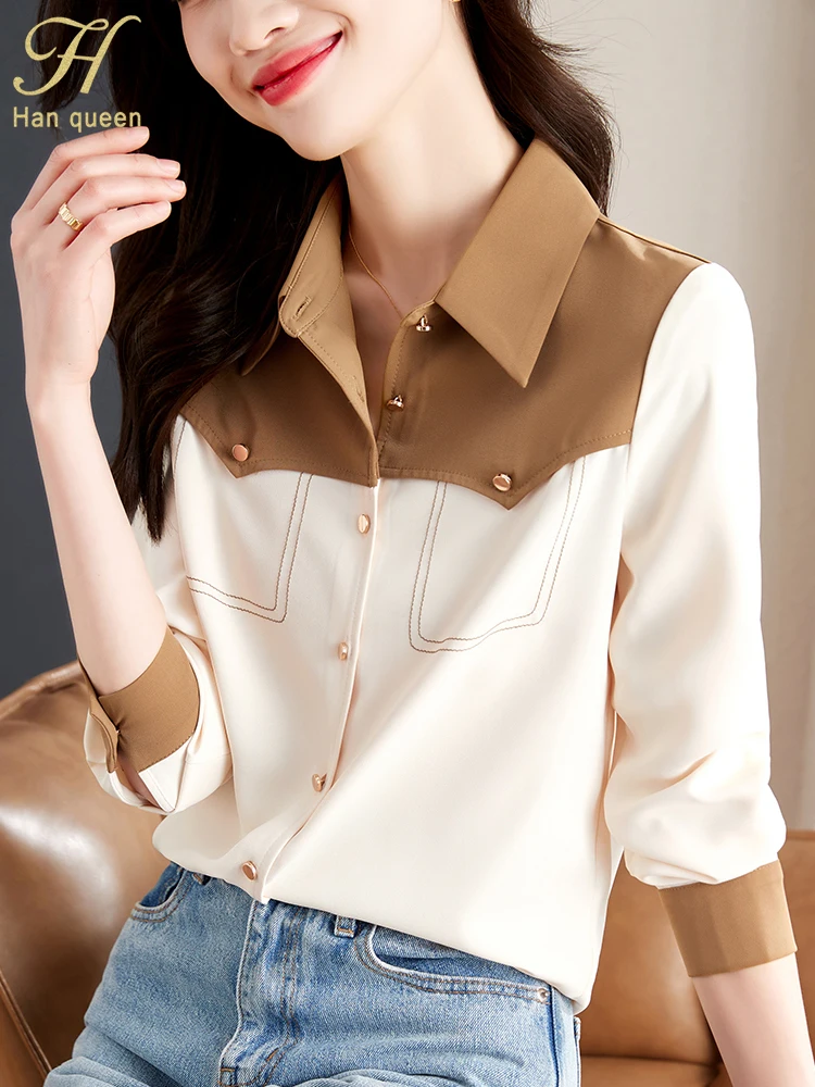 H Han Queen Autumn Colorblocking Career Blusas Turn-Down Collar Vintage Tops Elegant Chiffon Blouses Loose Casual Shirts Women